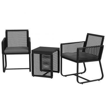 Outsunny Set de Mobilier de Gradina de 3 Piese din Ratan, Set de Bistro din Ratan din PE cu Masa din Sticla Securizata, Perne Moi pentru Sezut