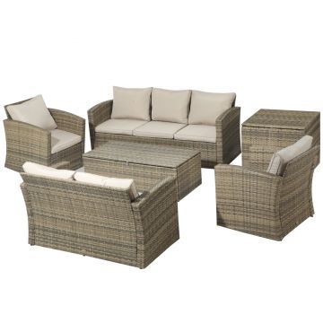 Outsunny Set de mobilier de gradina din ratan de 6 piese, canapea si 2 fotolii tapitate pentru 7 persoane, bej | AOSOM RO