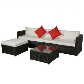 Outsunny Set de Mobilier de Exterior, Set din 4 Fotolii, 1 Puf, 1 Măsuță de Cafea din Sticlă Călită, Maro