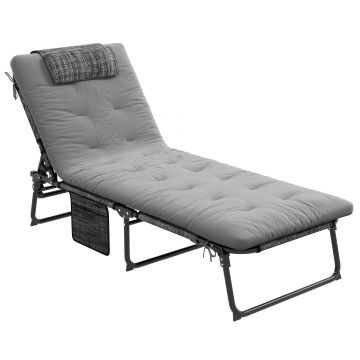 Outsunny Sezlong pliabil cu spatar inclinabil pe 4 nivele, Scaun de plaja pentru exterior cu perna, buzunar lateral,tetiera, Gri