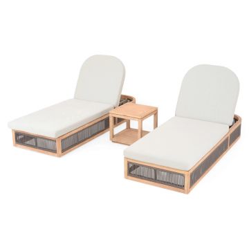 Set mobilier pentru gradina/terasa, 2 sezlonguri si masuta Elba, poliester/lemn de teak, natur/gri