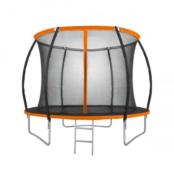 Trambulina pentru copii Mirpol, diametru 305cm, cu plasa exterioara si scara, capacitate 110 kg, negru/portocaliu