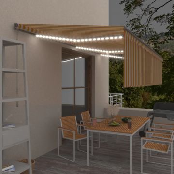 vidaXL Copertină retractabilă manual cu stor&LED, galben&alb, 6x3 m