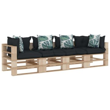 Canapea de gradina paleti, 4 locuri, perne antracit/flori, lemn
