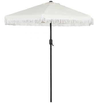 Outsunny Umbrelă de Terasă cu Înclinare, Umbrelă pentru Masă cu Volane Franjurate și Manivelă, Φ2.25x2.23 m, Alb-Crem | Aosom Romania