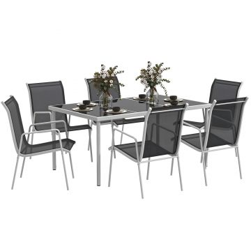 Outsunny Set de Grădină cu Masă Dreptunghiulară din Sticlă și 6 Scaune Stivuibile, 150x90x72 cm, Negru | Aosom Romania