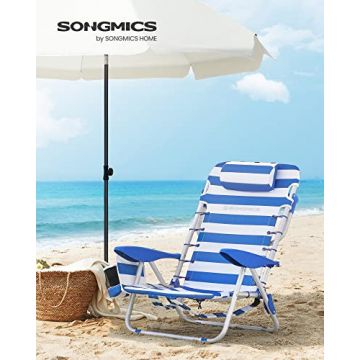 Scaun de plaja, Songmics, Albastru-Alb, 63x68x75 cm