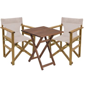Set de gradina masa si scaune Retto 3 bucati din lemn masiv de fag culoarea nuc, PVC bej 70x70x71cm
