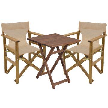 Set de gradina masa si scaune Retto 3 bucati din lemn masiv de fag culoarea nuc, PVC bej, ecru 60x60x71cm