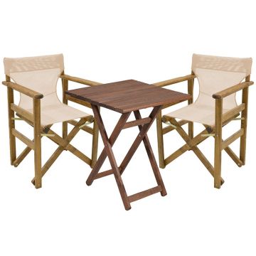 Set de gradina masa si scaune Retto 3 bucati din lemn masiv de fag culoarea nuc, PVC ecru 60x60x71cm