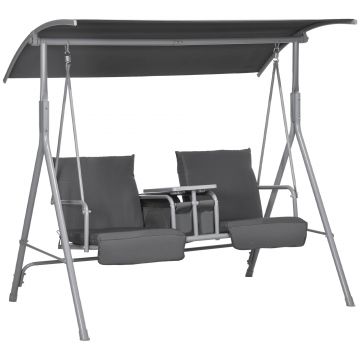 Outsunny Balansoar Exterior cu Măsuță de Cafea și Suport Central pentru Pahare, Leagăn cu 2 Locuri și Acoperiș, 175x112x158 cm, Gri | Aosom Romania