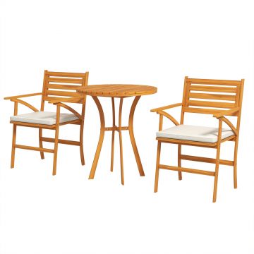 Outsunny Set Grădină din Lemn de Pin din 3 Piese, Set Exterior cu Masă Rotundă și 2 Scaune cu Perne, Ø68x78 cm, Maro