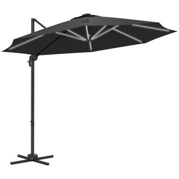 Outsunny Umbrelă de Soare Exterioară cu Lumini LED și Unghi Reglabil, Umbrelă de Grădină din Aluminiu și Poliester, Ø3x2.5 m, Gri | Aosom Romania