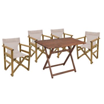 Set de gradina masa si scaune Retto 5 bucati din lemn masiv de fag culoarea nuc, PVC bej 80x60x72cm
