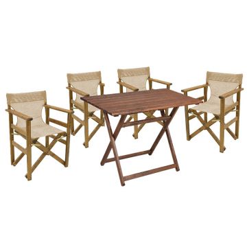 Set de gradina masa si scaune Retto 5 bucati din lemn masiv de fag culoarea nuc, PVC bej, ecru 80x60x72cm