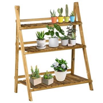 Outsunny Suport pentru Plante Pliabil, Jardinieră cu 3 Niveluri, Raft de Exterior pentru Plante, 80x37x93 cm, Lemn Natural | Aosom Romania