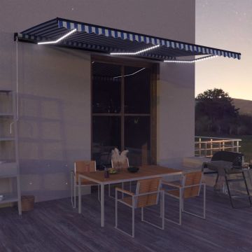 vidaXL Copertină retractabilă manual cu LED albastru & alb 600x300 cm