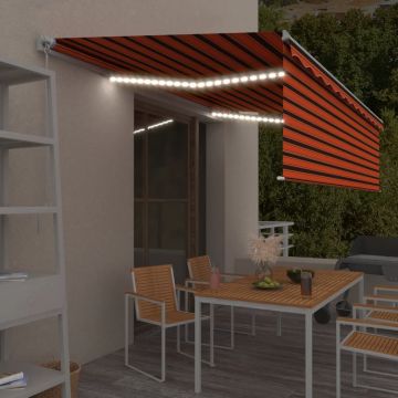 vidaXL Copertină retractabilă manual cu stor&LED, portocaliu&maro 5x3m