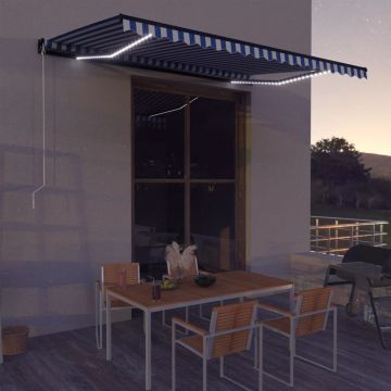vidaXL Copertină retractabilă manual LED, albastru și alb, 500x300 cm