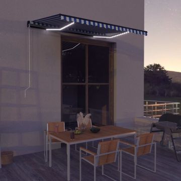 vidaXL Copertină retractabilă manual LED, albastru și alb, 350x250 cm
