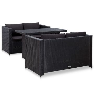 vidaXL Set mobilier de grădină cu perne, 3 piese, negru, poliratan