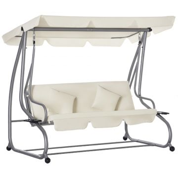 Outsunny Balansoar de Grădină Convertibil în Pat, Balansoar pentru 3 Persoane cu Acoperiș Reglabil și 2 Suporturi pentru Pahare, 200x120x164 cm, Crem