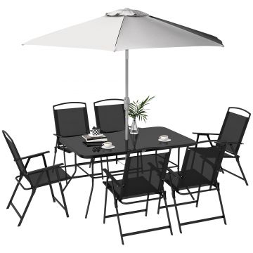 Outsunny Set de grădină cu Masă, 6 Scaune Pliante și Umbrelă de Soare cu Manivelă, Set pentru Exterior din 8 piese, 140x90x70 cm, Gri