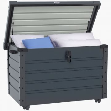Outsunny Ladă de Grădină de 295L cu Încuietoare, 2 Mânere și 4 Rotile, Mobilier Depozitare din Oțel, 100x62x65 cm, Gri | Aosom Romania