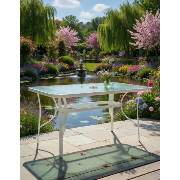 Masă grădină, Pako World, model Ensure, Metal si Sticla Securizata, Alb, 120 x 70 x 70 cm