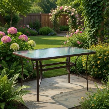 Masă grădină, Pako World, model Ensure, Metal si Sticla Securizata, Maro, 120 x 70 x 70 cm