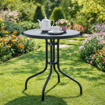 Masa gradina, Pako World, model Watson, structura metal, blat sticla securizata, Antracit, Φ60x70cm