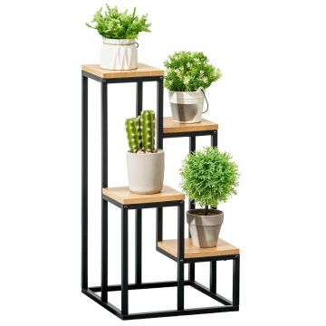 Outsunny Raft pentru Plante cu 4 niveluri din Metal și Lemn de Brad pentru Interior și Exterior, 34x34x66 cm, Natural | Aosom Romania