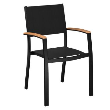 Scaun Stivuibil in lemn, metal, textil negru, culoare lemn tec