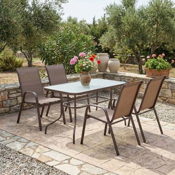 Set de gradina masa si scaune 5 bucati Valor-Calan metal negru-textilena maro 110x60x70cm