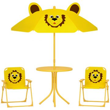 AIYAPLAY Mobilier de grădină pentru copii cu umbrelă de soare reglabilă, Set de picnic pentru copii cu 4 piese, Masă cu 2 scaune pliante, masă, Set de terasă cu model de leu pentru vârstele 2-5 ani, Galben | Aosom Romania