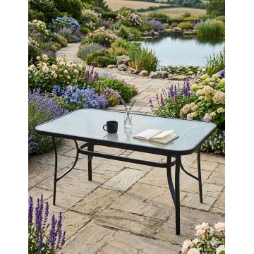 Masă grădină, Pako World, model Ensure, Metal si Sticla Securizata, Negru, 140 x 80 x 70 cm