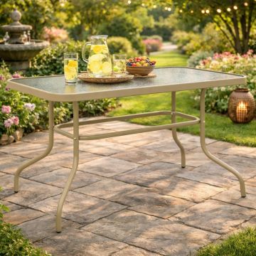 Masă grădină, Pako World, model Valor, metal și sticlă securizată, Champagne, 110 x 60 x 70 cm