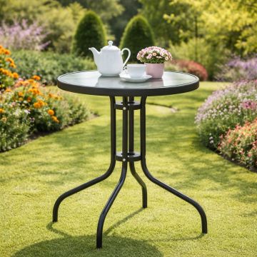 Masa gradina, Pako World, model Watson, structura metal, blat sticla securizata, Negru, Φ60x70cm