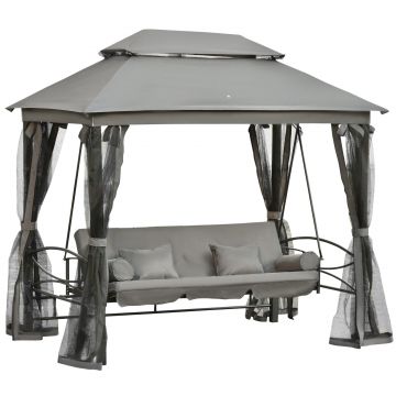 Outsunny Balansoar 3 Posti si Sezlong cu Copertina tip Foisor cu Plasa Impotriva Tantarilor si Perne, Gri Inchis 256x172x248cm