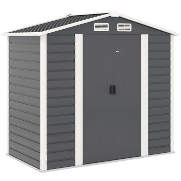 Outsunny Magazie de Grădină din Tablă de Oțel cu 4 Orificii de Ventilație și 2 Uși Glisante, 213x120x194 cm, Gri Închis | Aosom Romania
