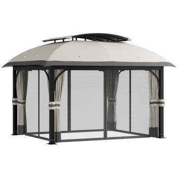 Outsunny Pavilion de Grădină cu Perdele, Plasă, Acoperiș Ventilat și Cadru Metalic Galvanizat, 395x330x294 cm, Gri | Aosom Romania