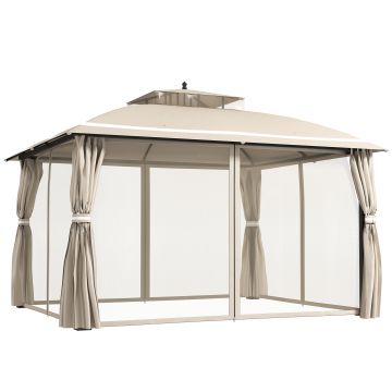 Outsunny Pavilion pentru Exterior cu Baldachin, Acoperiș Dublu, Plasă și Draperii, 370x303x290 cm, Bej | Aosom Romania