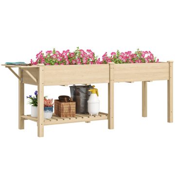 Outsunny Strat Înălțat de Grădină cu Masă Laterală, Raft Inferior și  Orificii de Drenaj, 207x59x78 cm, Lemn Natural | Aosom Romania