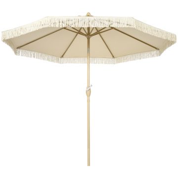 Outsunny Umbrelă de Grădină Înclinabilă pe 3 Niveluri cu Franjuri, Manivelă și Tijă cu 2 Secțiuni, Ø265x244 cm, Crem | Aosom Romania