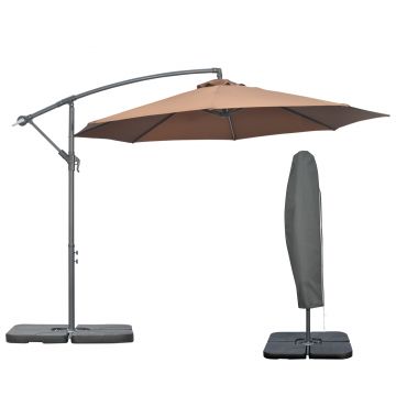 Outsunny Umbrelă Suspendată cu Bază în Cruce, Greutăţi, Manivelă și Protecţie UV, Ø3x2.5 m, Cafeniu | Aosom Romania