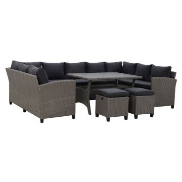 Set coltar de gradina/terasa 6 piese, cu spatiu de depozitare Baxter, 120x82x67 cm/ 165x67x73 cm, otel/poliester, gri/negru Set coltar de gradina/terasa 6 piese, cu spatiu de depozitare Baxter, 120x82x67 cm/ 165x67x73 cm, otel/poliester, gri/negru