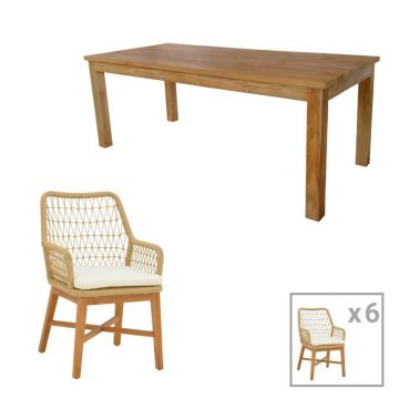 Set Masa si Scaune de Exterior, 7 Piese, Model Elaiza-Wooly, Natural/Bej, 220x90x75 cm