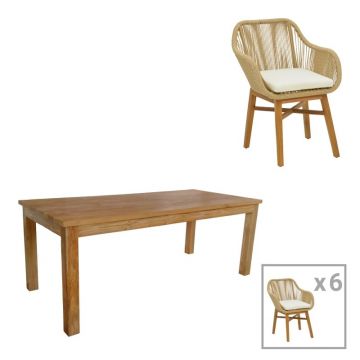 Set Masa si Scaune de Exterior, 7 Piese, Model Kalie-Wooly, Natural/Bej, 220x90x75 cm