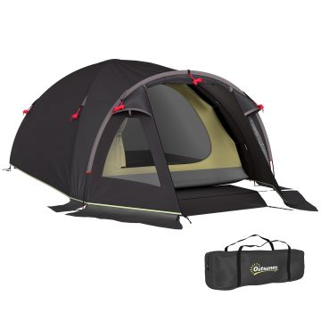 Outsunny Cort de Camping pentru 2-4 Persoane cu 2 Camere, Ușă, Ferestre și Geantă, 330x190x120 cm, Negru | Aosom Romania