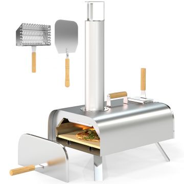 Outsunny Cuptor de Pizza cu Peleți din Lemn, Piatră Refractară și Lopată, 79x36x75 cm, Argintiu | Aosom Romania